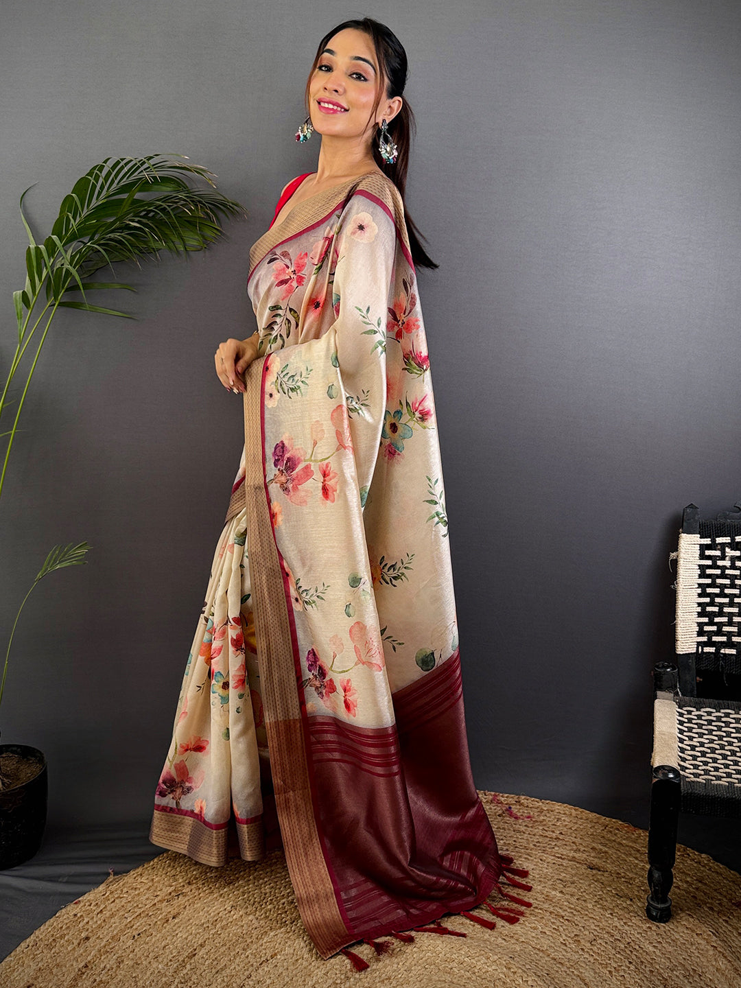 Off White Tussar Silk Digital Print Saree by My Store