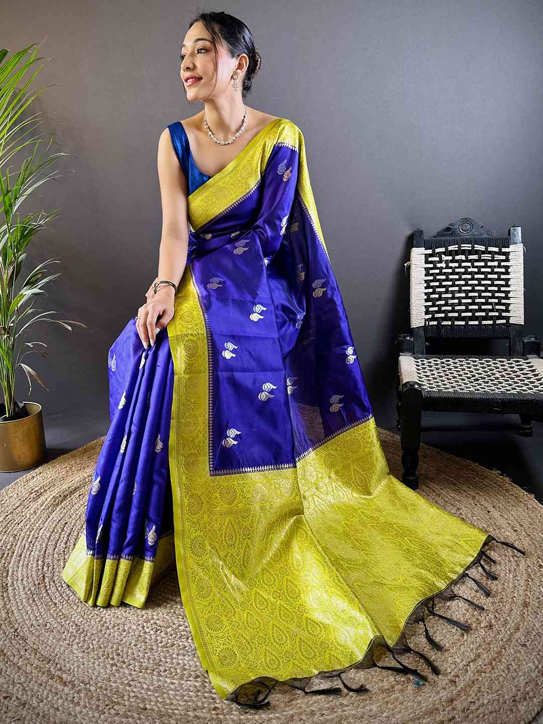 Elegant Purple Silk Saree with Gold Zari Accents by My Store