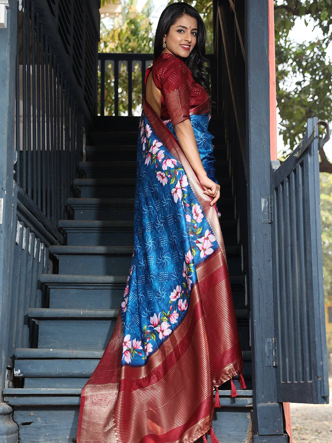Royal Blue Pure Viscose Dola Silk Saree With Floral Print Border - Luxe by My Store