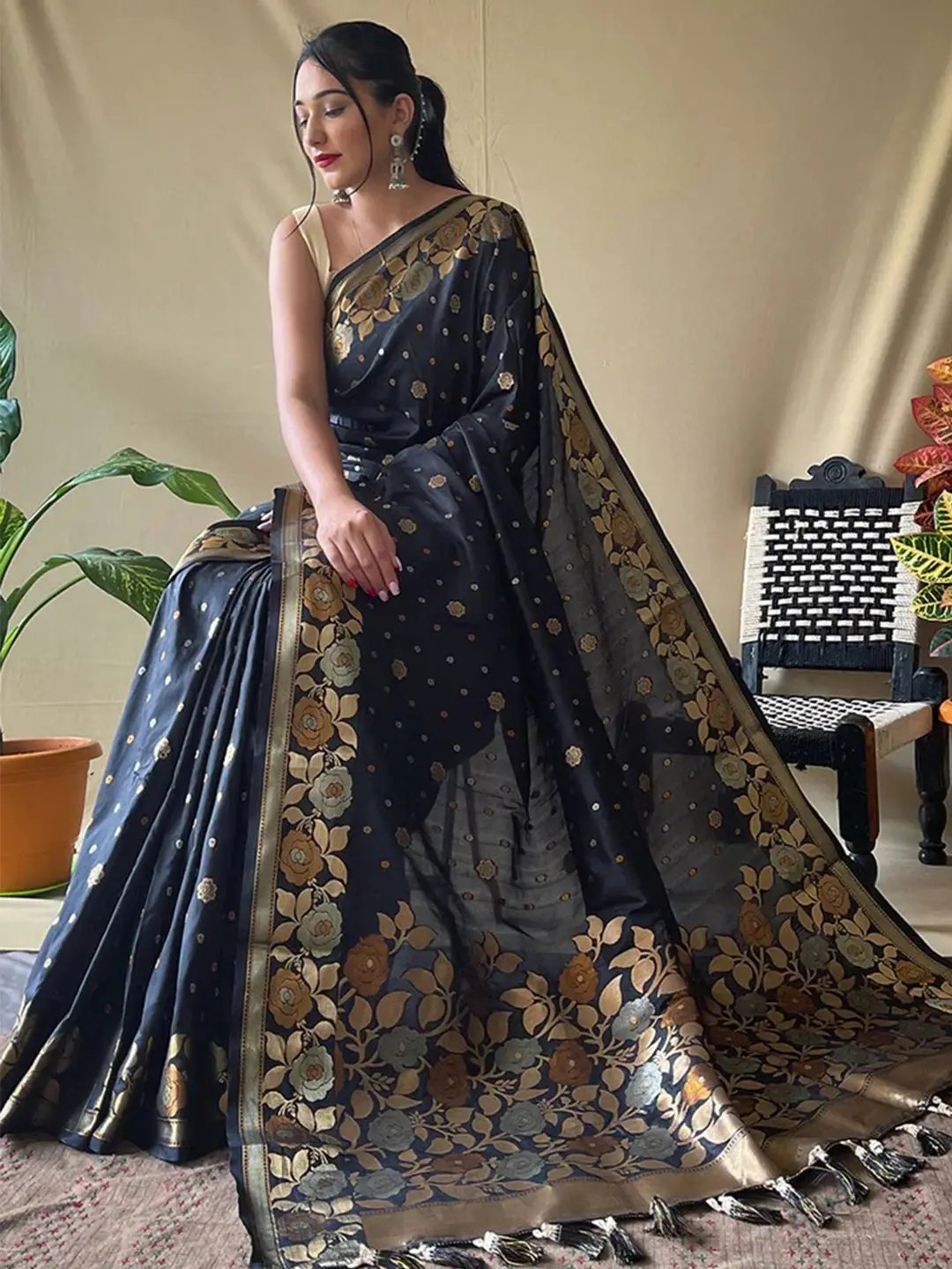Black Colour Banarasi Silk Zari Woven Saree