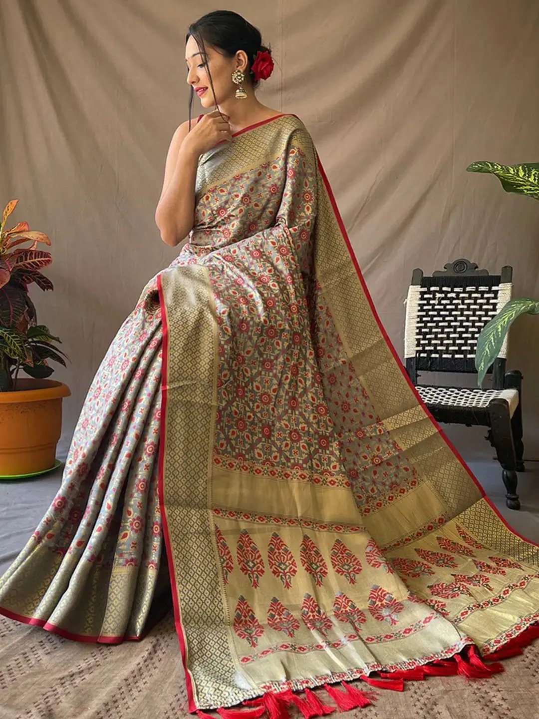 Grey Rajkoti Patola Silk Zari Woven Saree by My Store