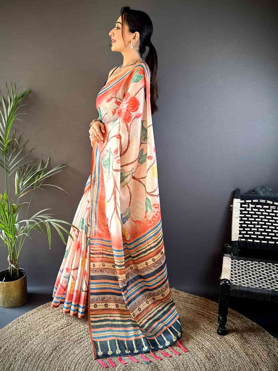 Floral Blush Pink Chanderi Saree by My Store