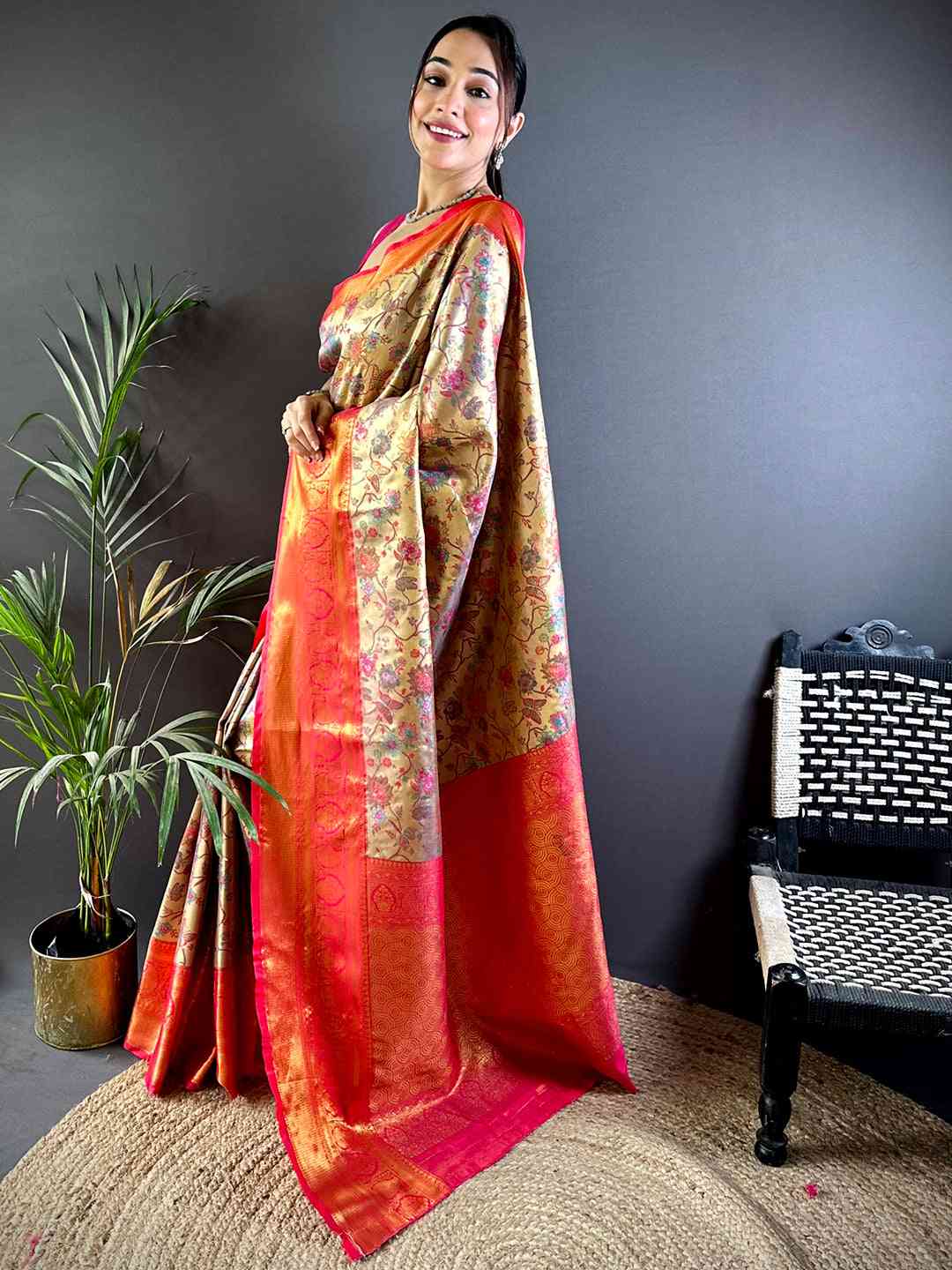Elegant Red Butterfly Floral Dharmavaram Saree by My Store
