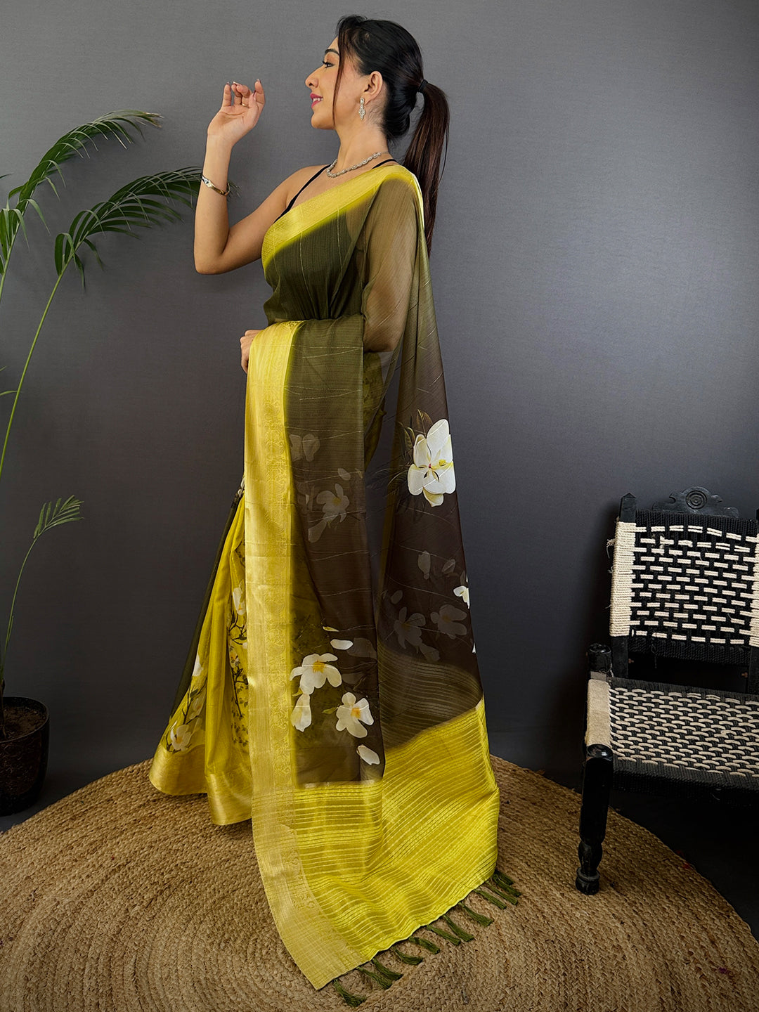 Olive Green Soft Organza Digital Print Saree by My Store