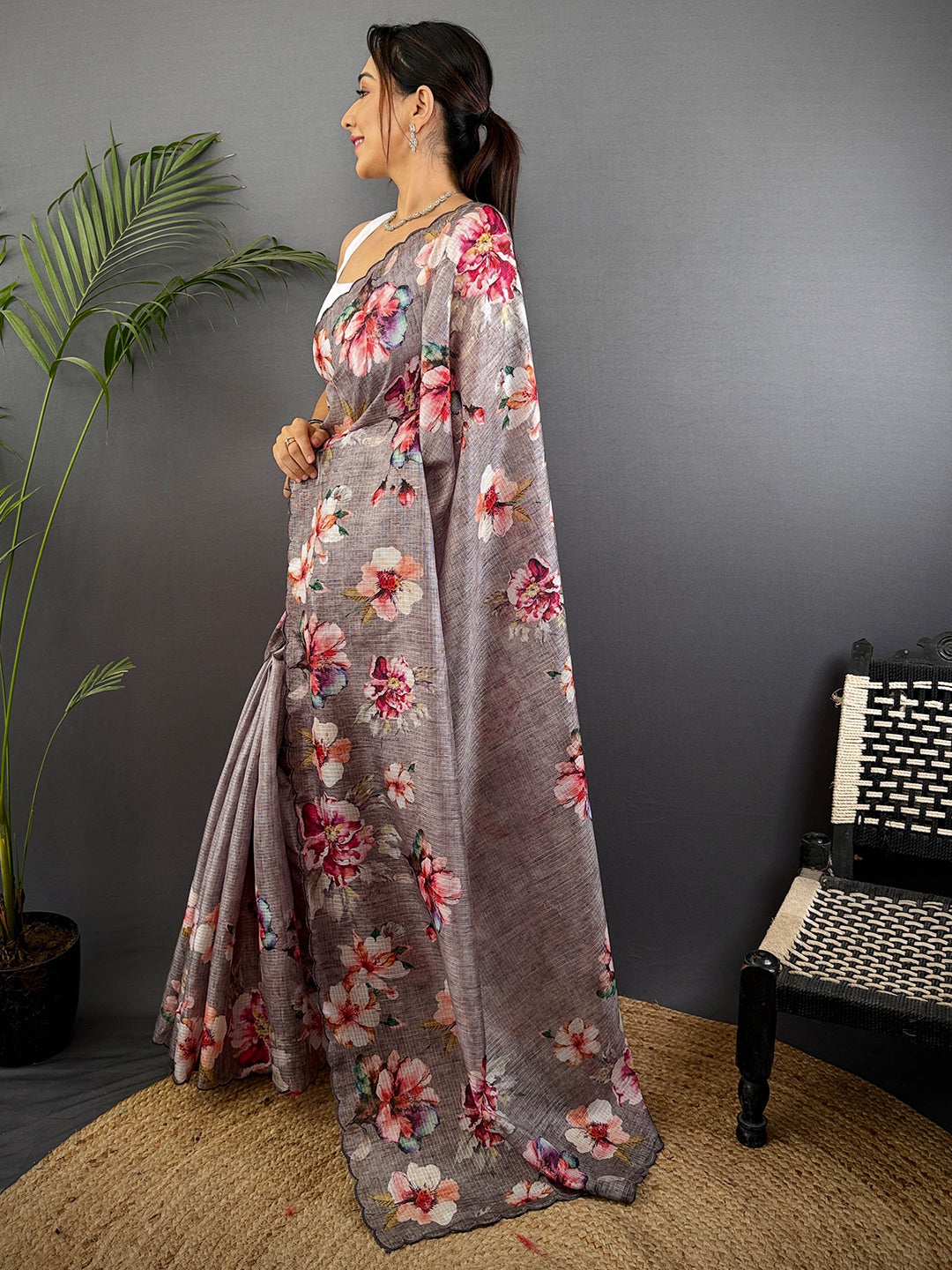 Grey Floral Cut Work Kota Saree by My Store