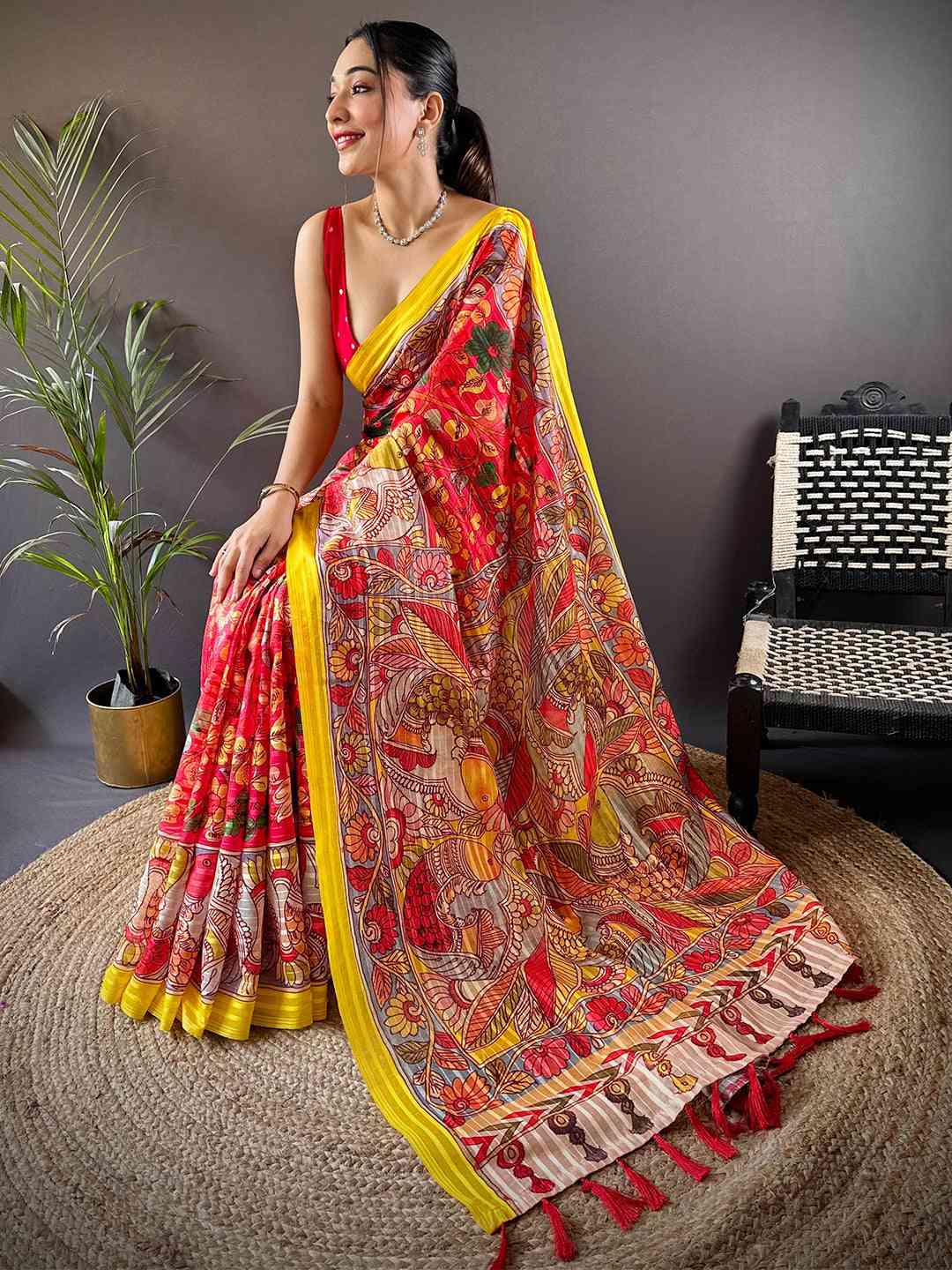 Rose Red Pen Kalamkari Linen Saree by My Store