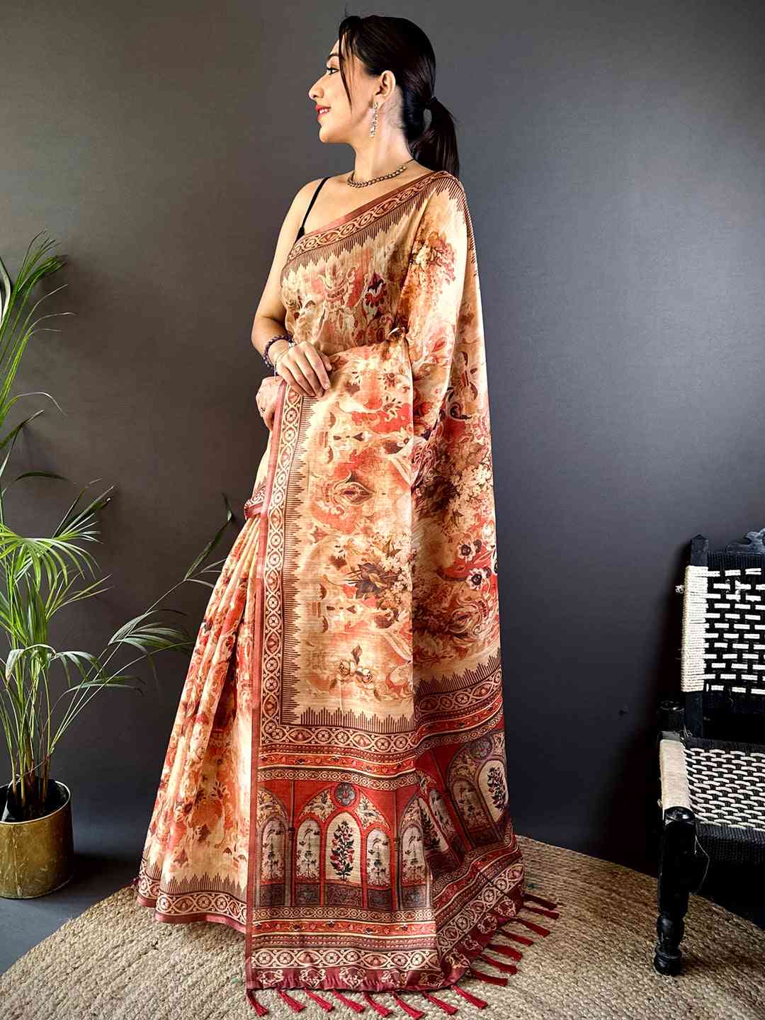 Red Tussar Blossom Saree by My Store