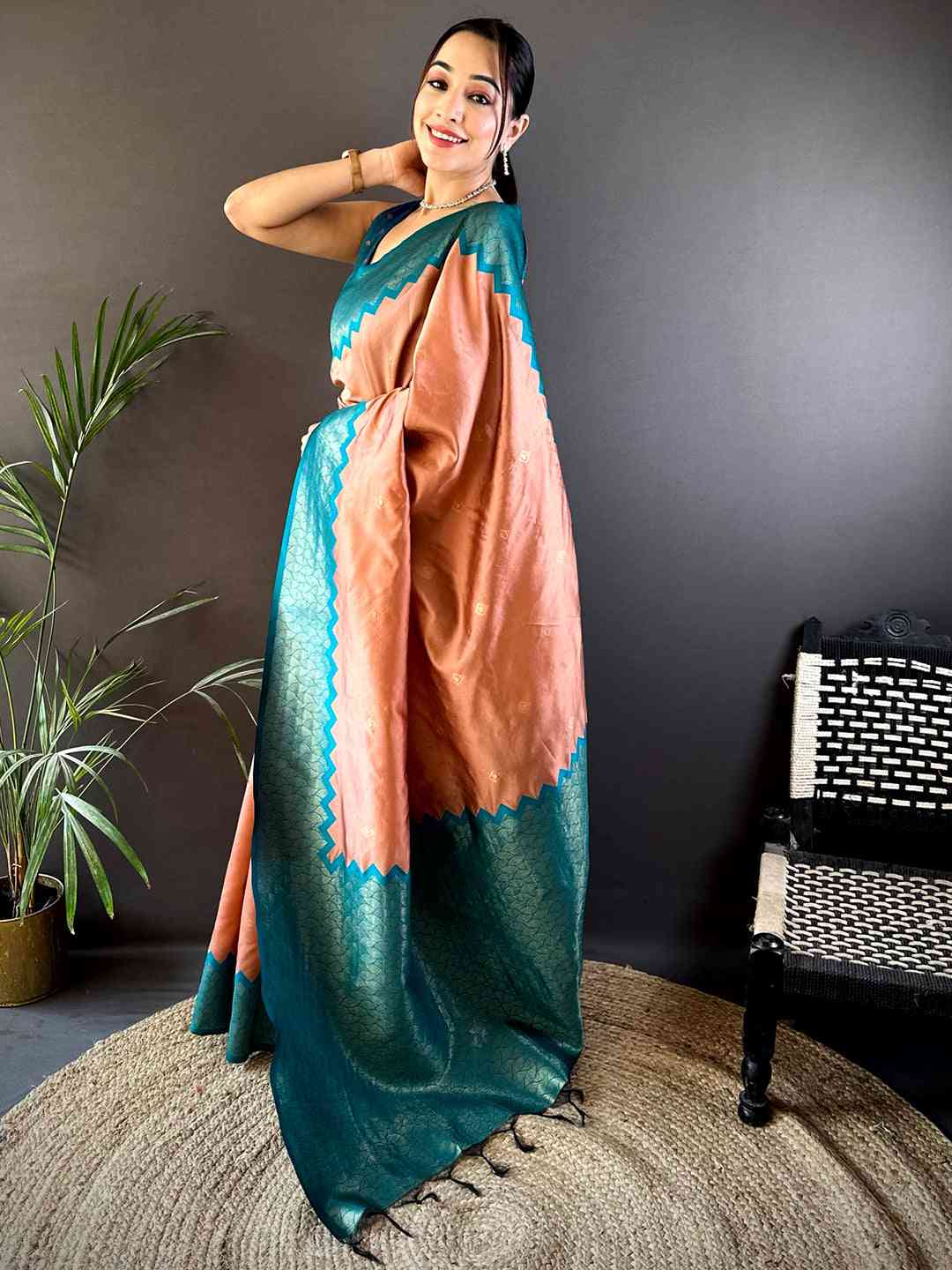 Peach Soft Katan Silk Saree by My Store