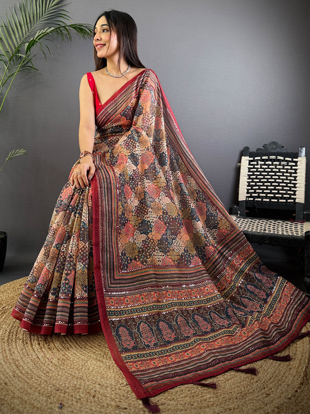 Multi Charm Mirror Work Silk Saree by My Store