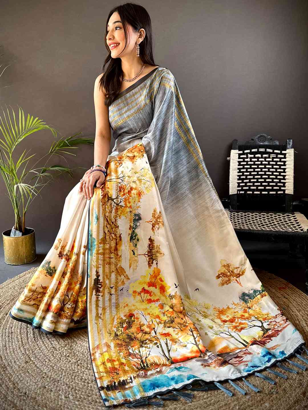 Grey Japanese Freehand Digital Print Saree by My Store
