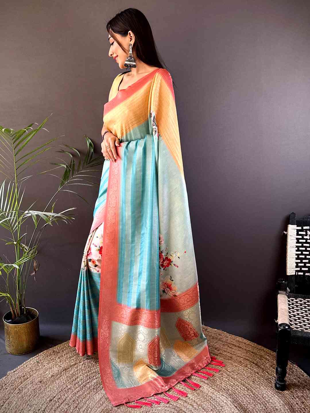 Pastel Yellow Soft Crepe Silk Digital Ombre Saree by My Store