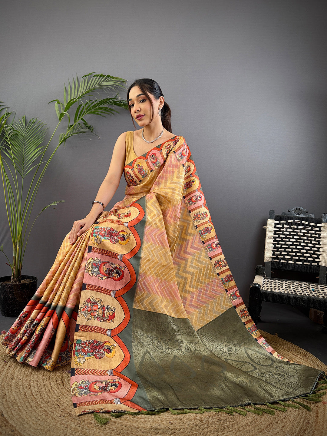 Mustard Yellow Madhubani Print Soft Silk Saree by My Store