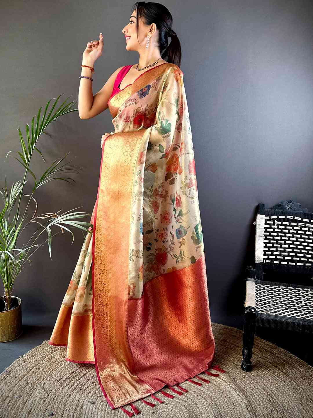 Beige Floral Gold Zari Tissue Saree
