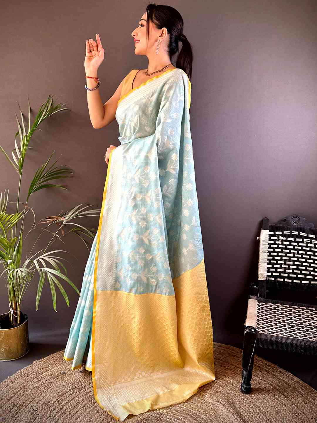Sky Blue Kota Kora Zari Floral Weave Saree by My Store