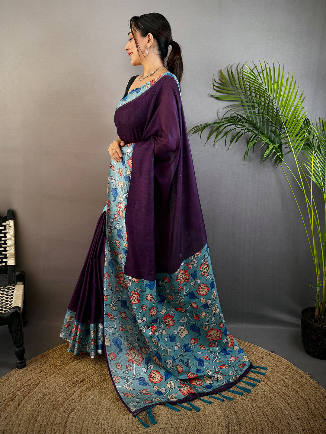 Purple Linen Kalamkari Print Saree by My Store