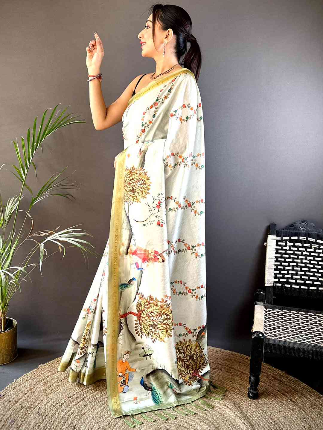 Green Soft Silk Bird Kalamkari Print Saree by My Store