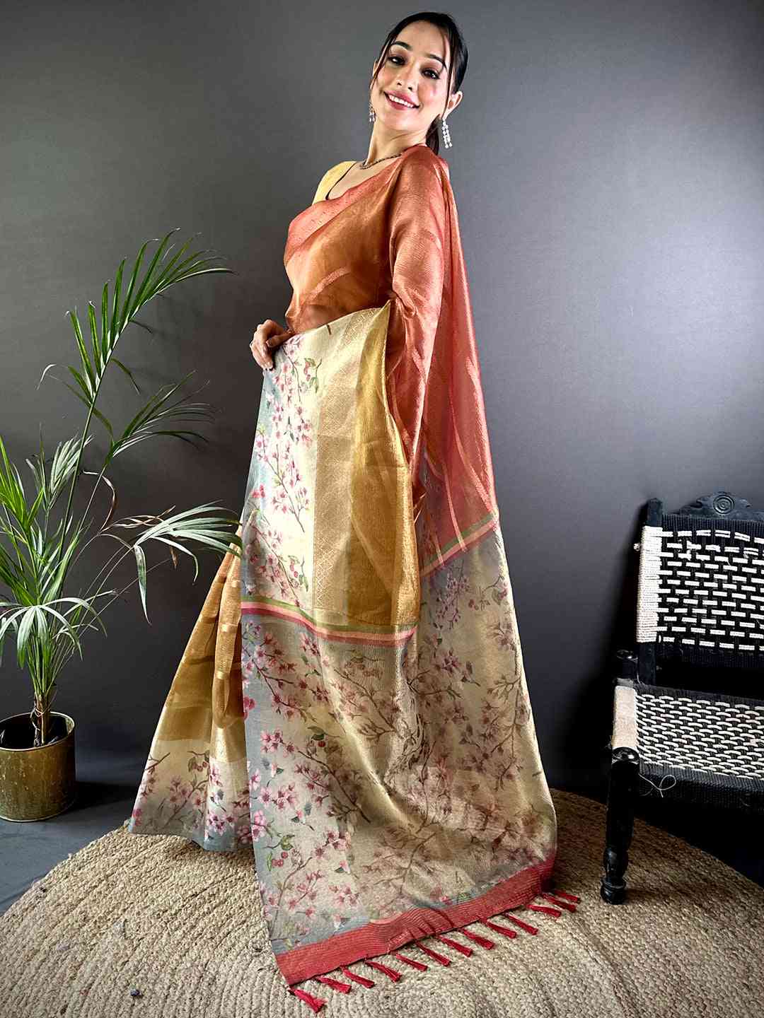 Red Ombre Zari Tissue Digital Print Saree by My Store