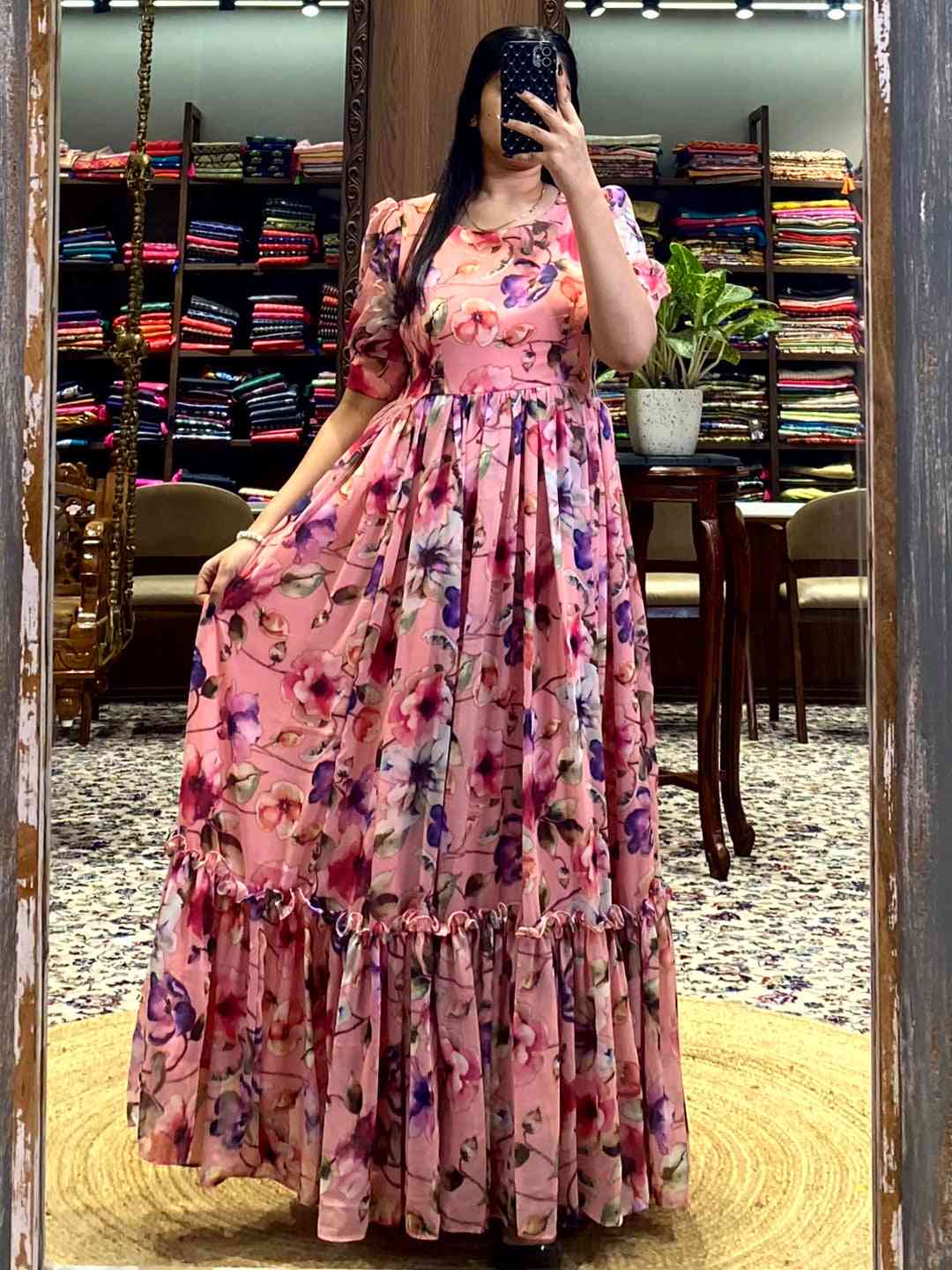 Salmon Pink Floral Georgette Dress by My Store