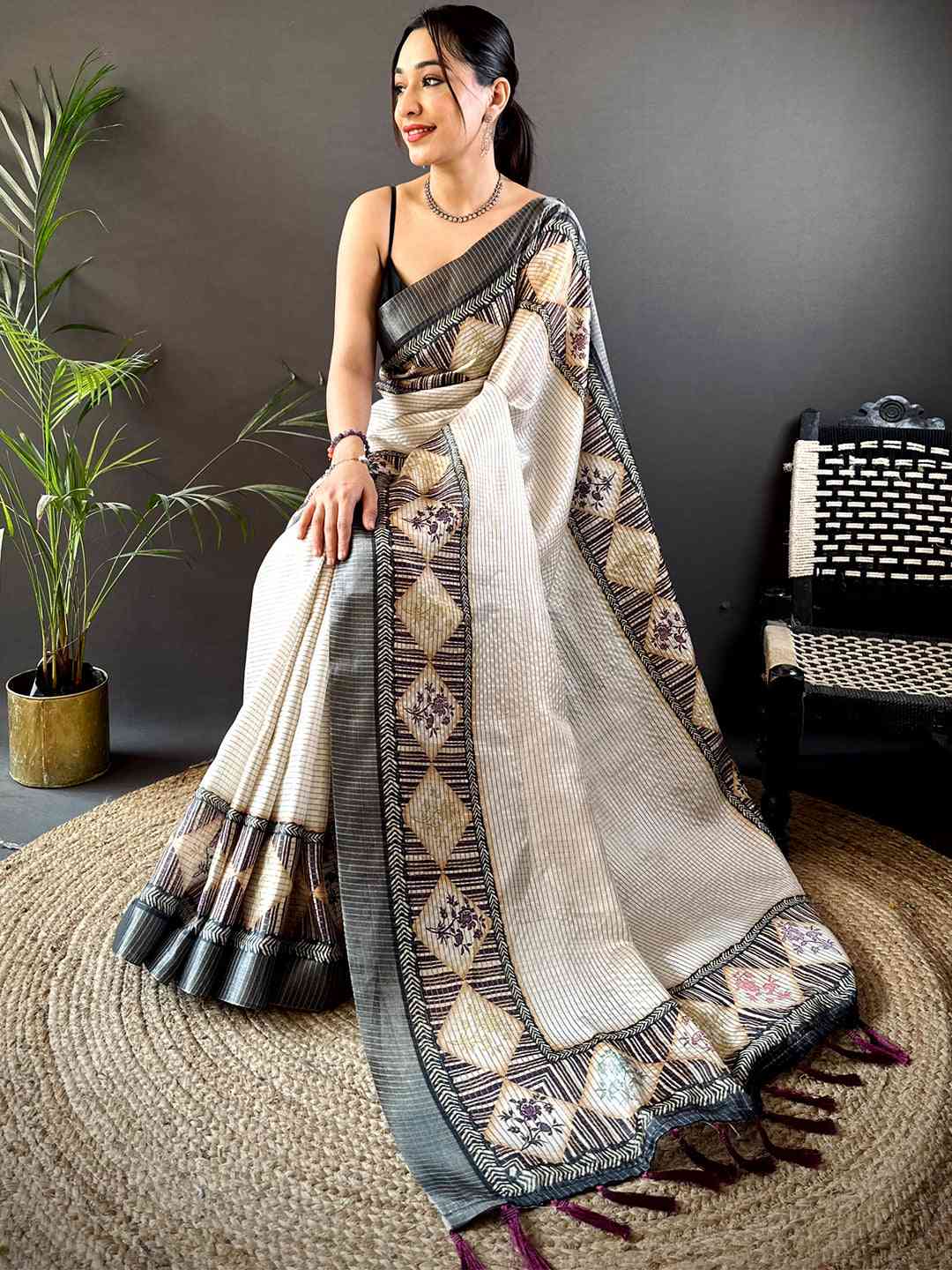 Grey Soft Silk Floral Digital Saree by My Store