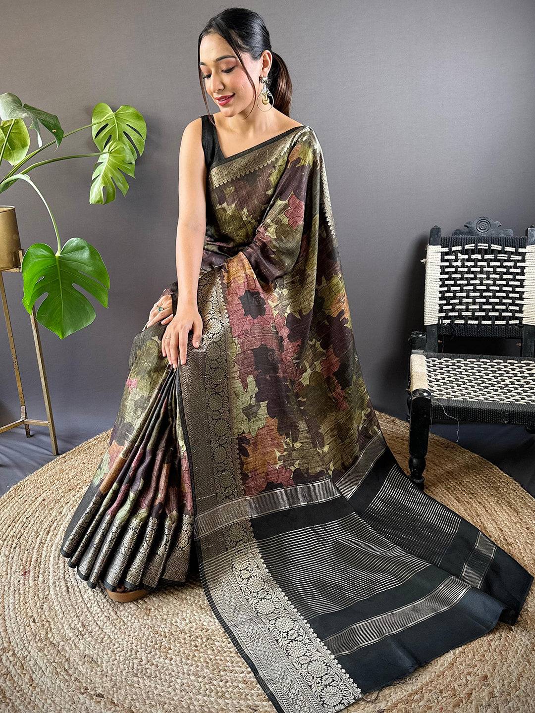 Green Zari Woven Floral Dola Silk Saree by My Store