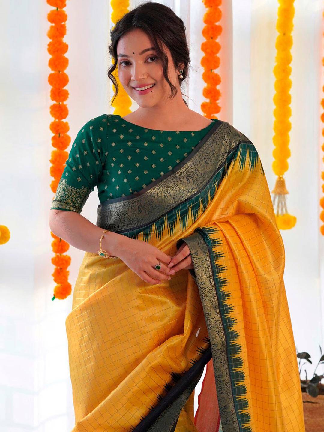 Yellow Colour Banarasi Soft Silk Gadwal Pattu Zari Weaving Party Wear Saree
