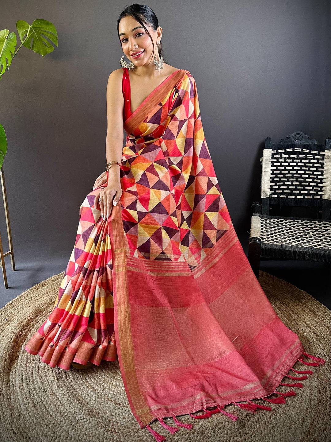 Geometric Linen Saree by My Store