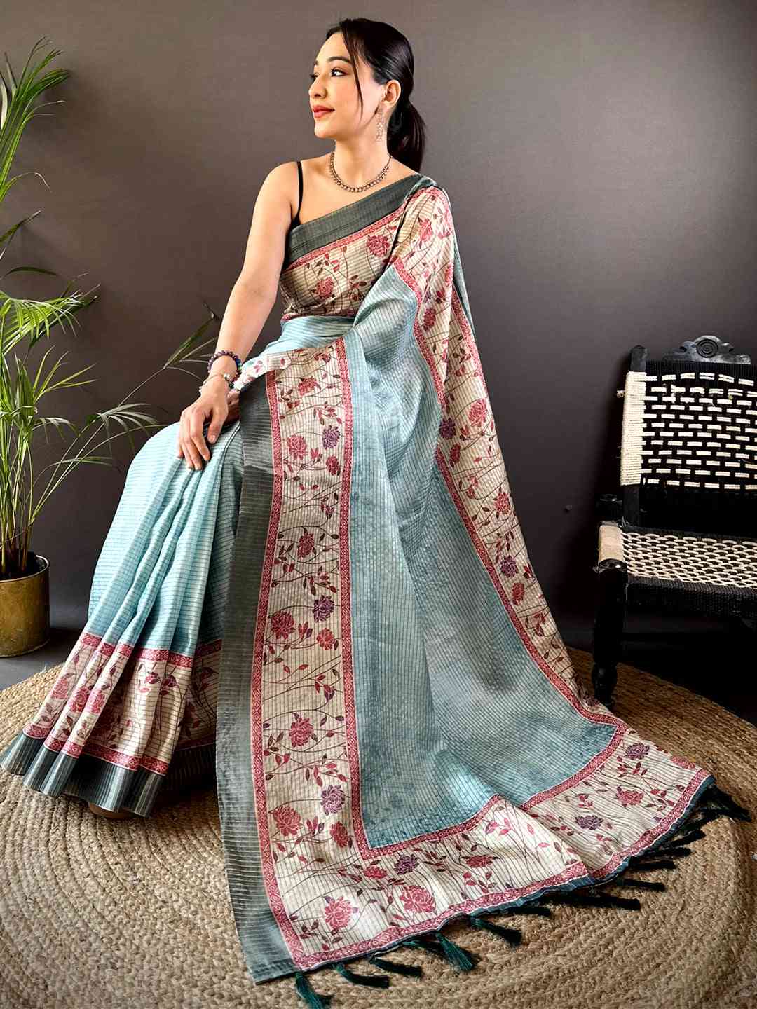 Sky Blue Soft Silk Floral Digital Saree by My Store