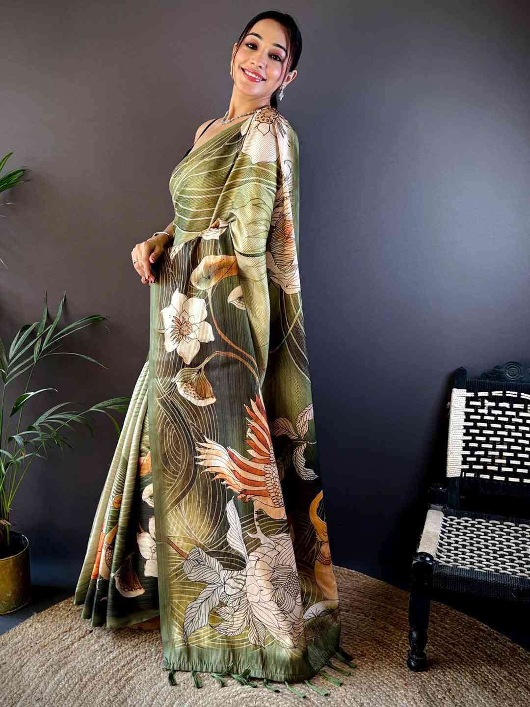 Olive Semi Zari Tussar Botanical Saree by My Store