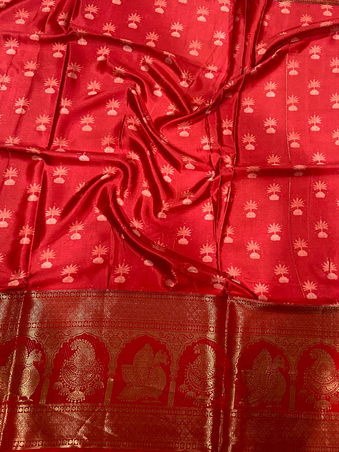 Elegance Soft Cherry Satin Kalamkari Print Saree by My Store