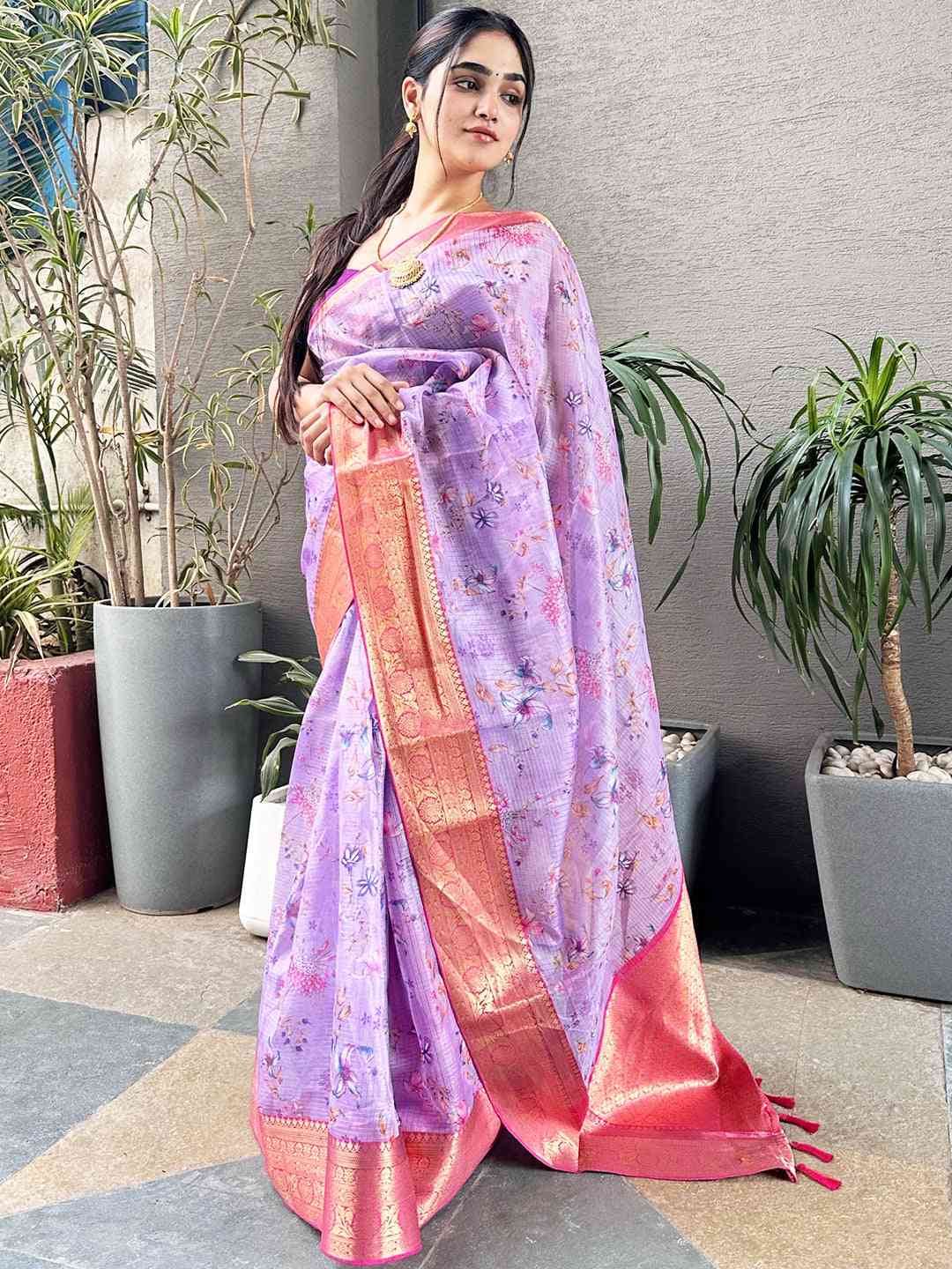 Design Purple Colour Digital Flower Print Kota Silk Saree by My Store