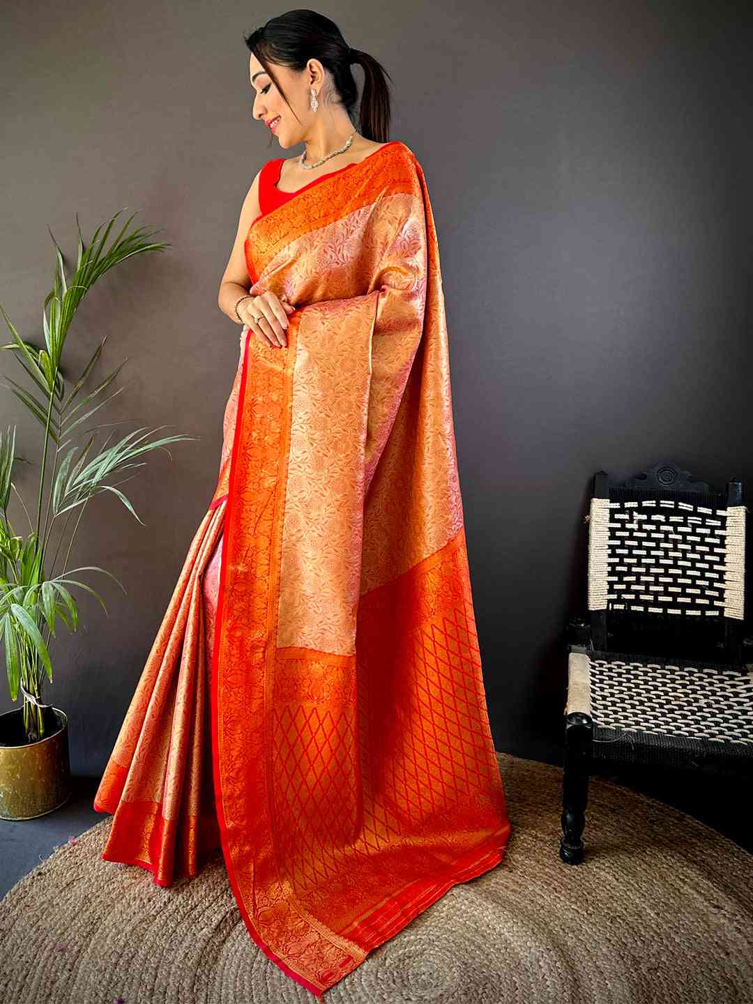 Gold Zari Floral Saree in Red by My Store