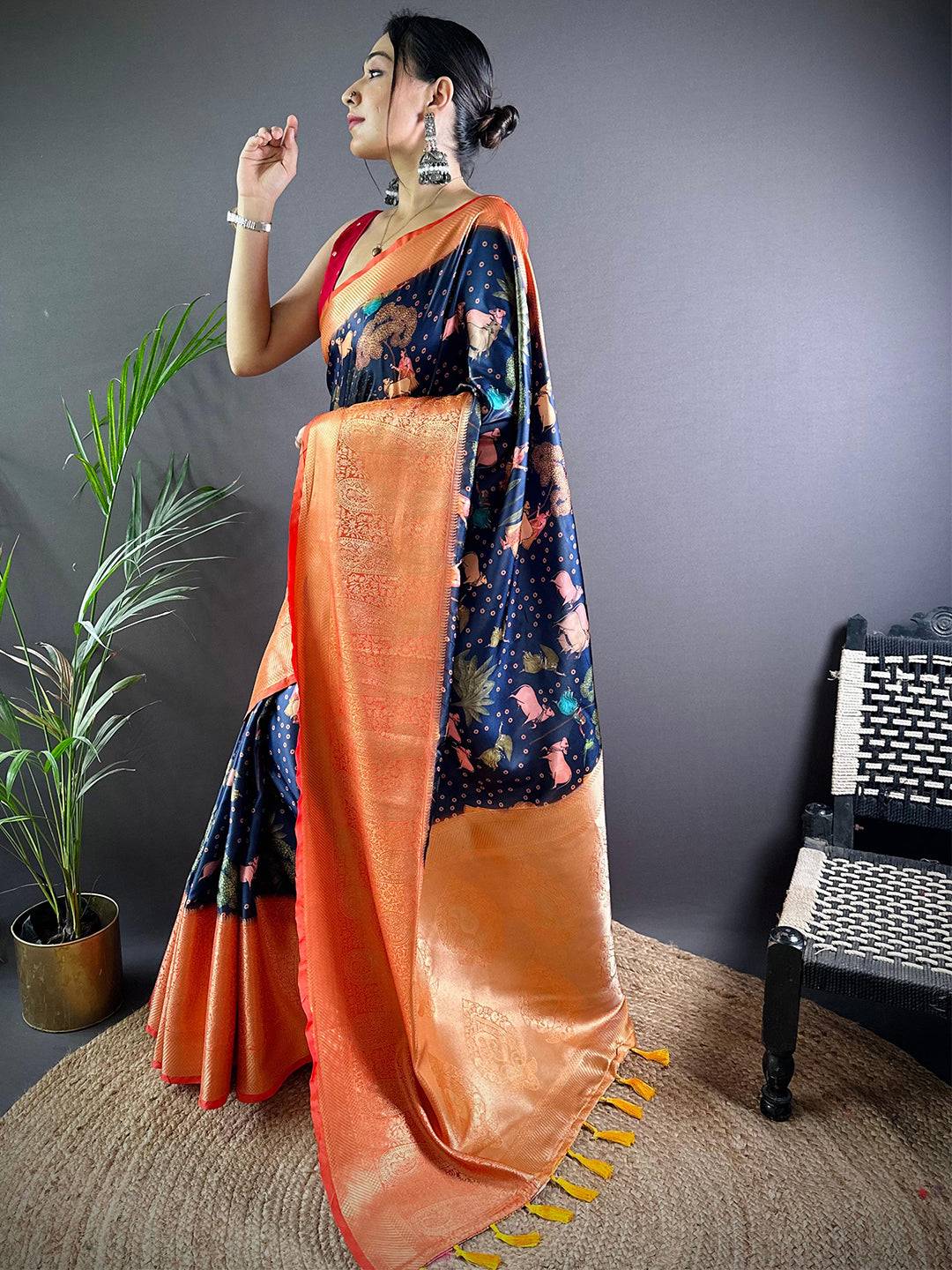 Navy Satin Pichwai Print Saree by My Store