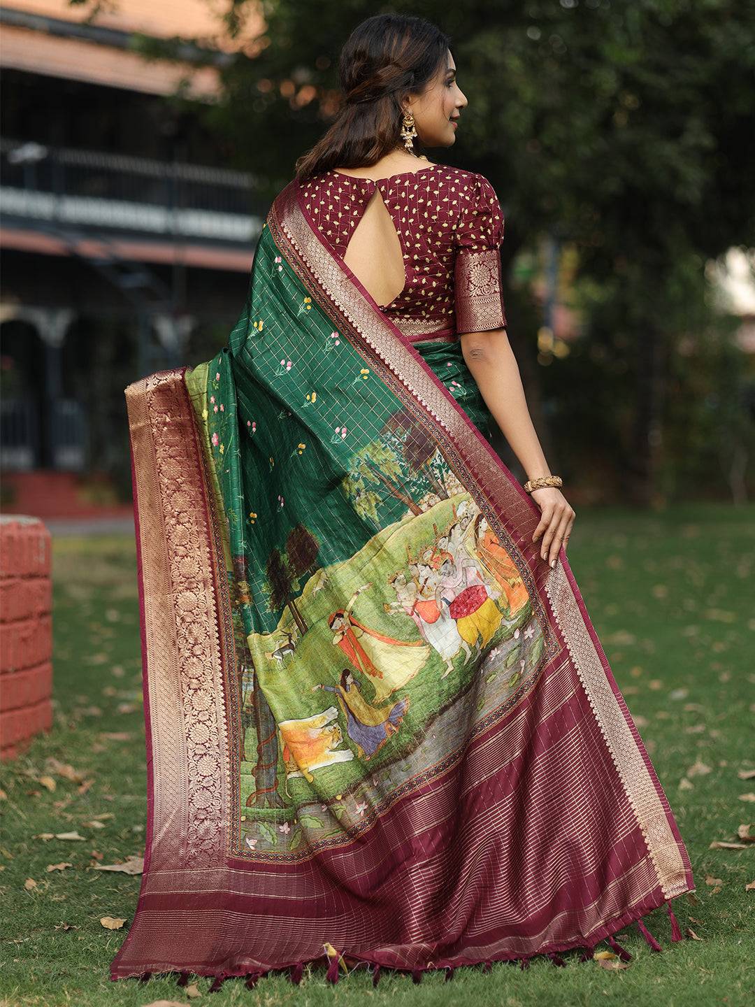 Bottle Green Colour Pure Viscose Dola Silk Saree With Mughal Motifs - Luxe by My Store
