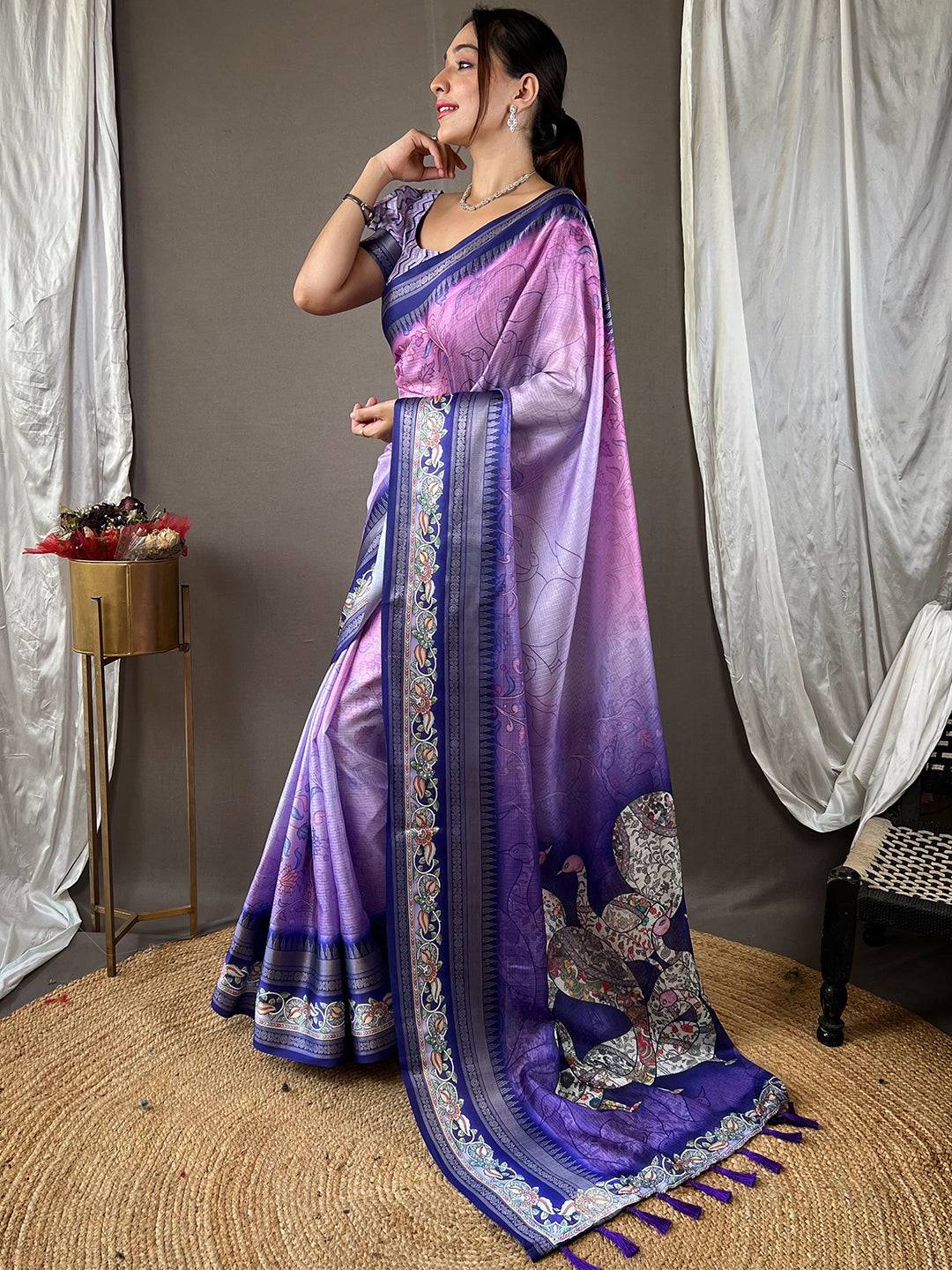 Iris Purple Kota Satin Border Saree by My Store