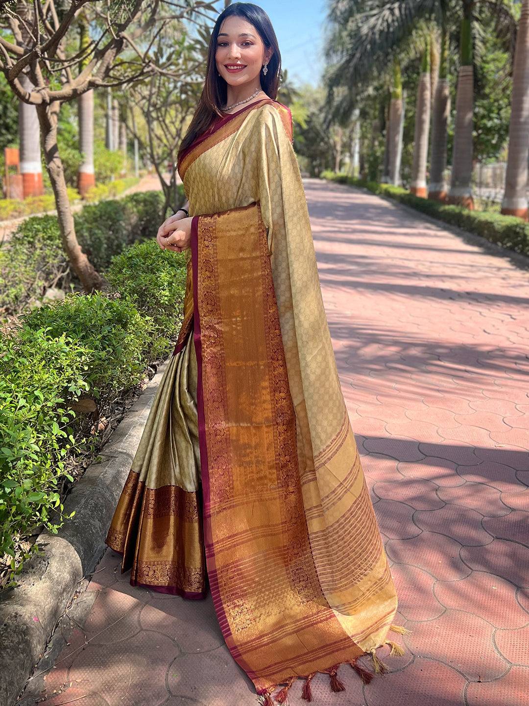 Gold Colour Kanjivaram Aura Soft Silk Saree With Broced Zari Blouse by My Store