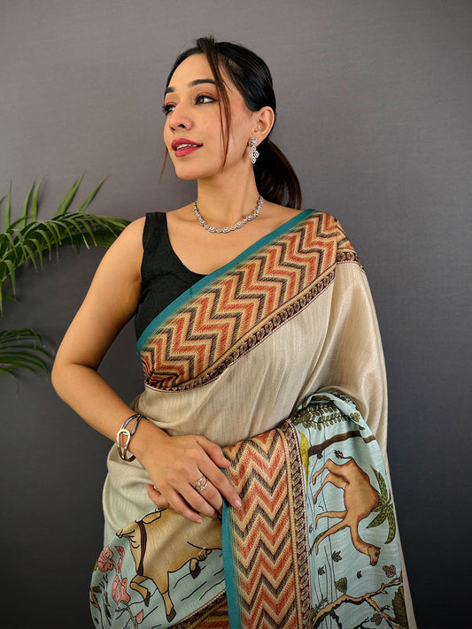 Ivory Linen Block Kalamkari Print Saree by My Store