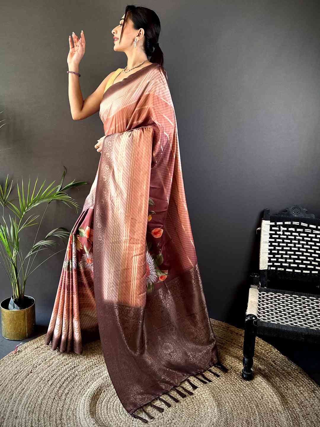 Rose Pink Kalamkari Ombre Crepe Silk Saree by My Store