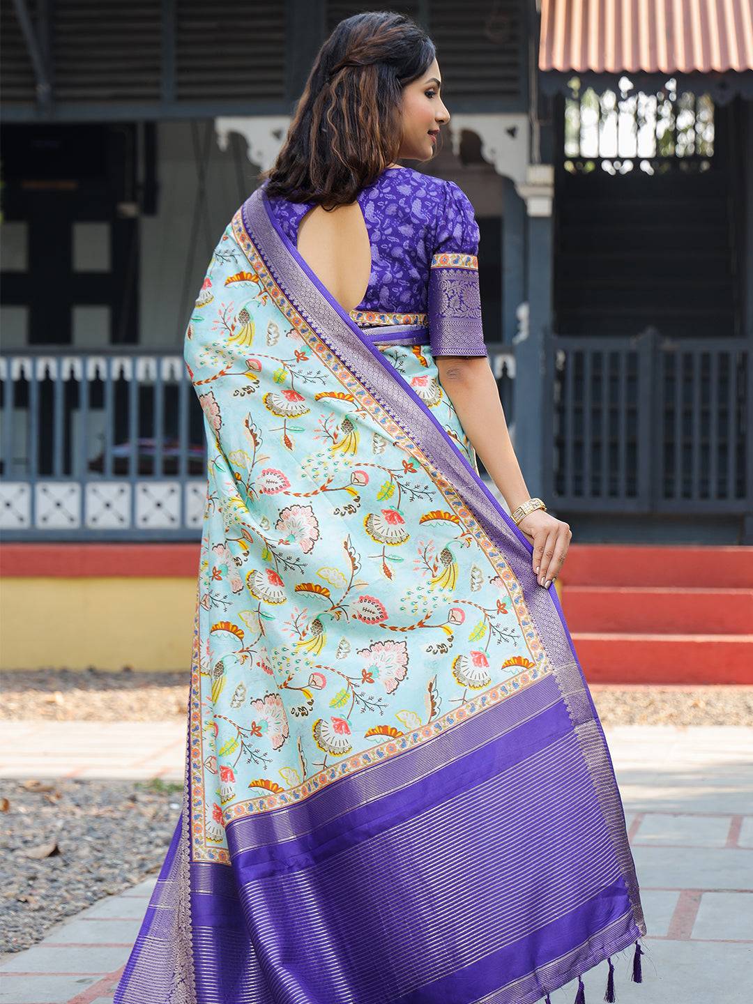 Sky Blue Colour Phulkari Design Zari Weaving Pallu Saree - Luxe by My Store