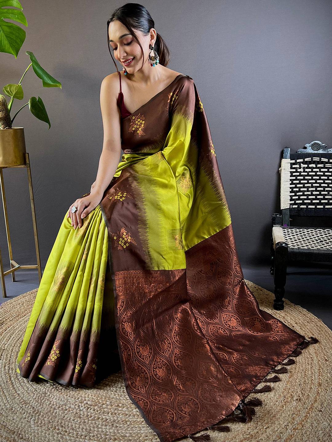 Green Sami Banarasi Tussar Silk Saree by My Store