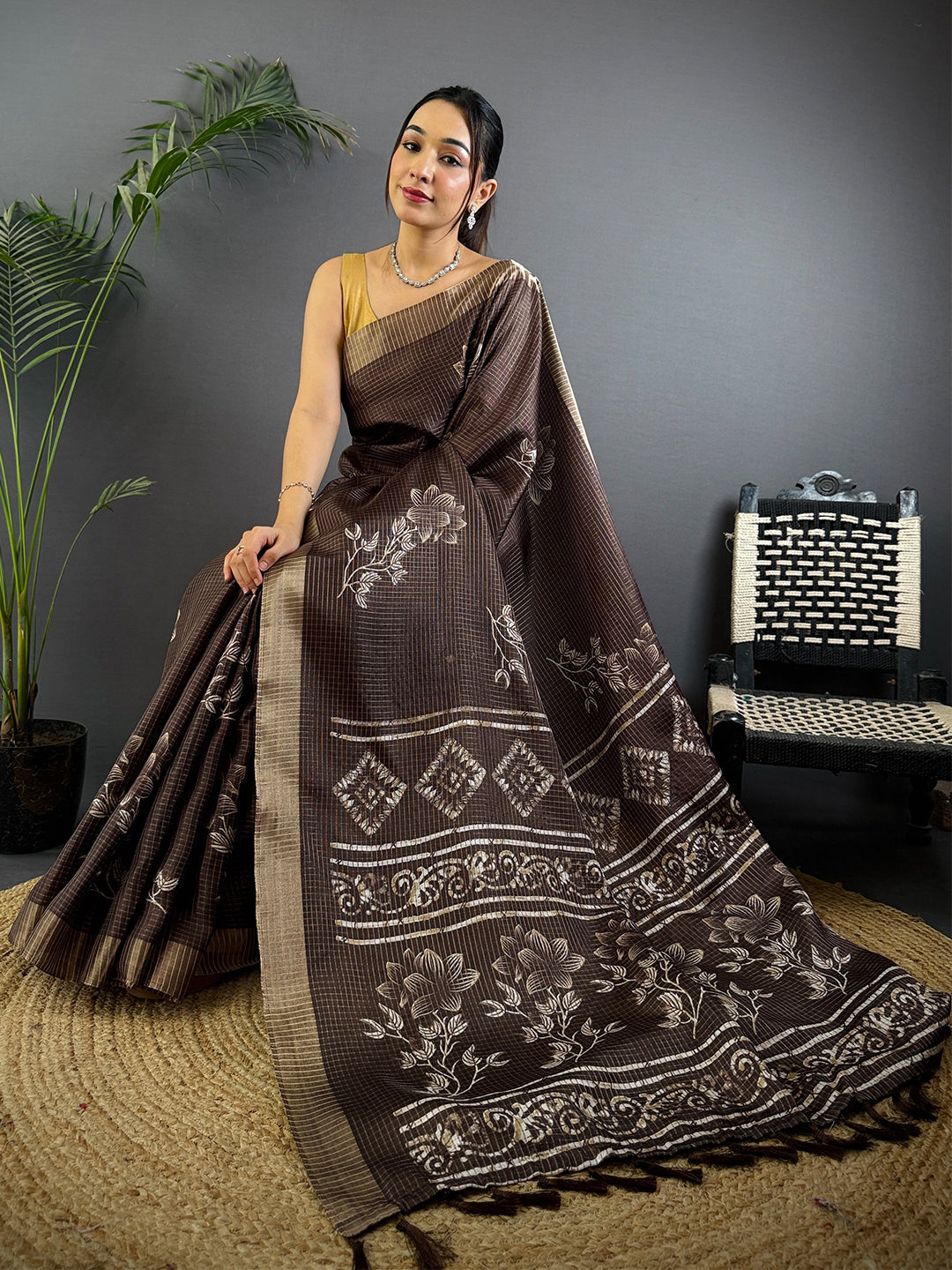 Floral Printed Coffee Brown Chanderi Saree