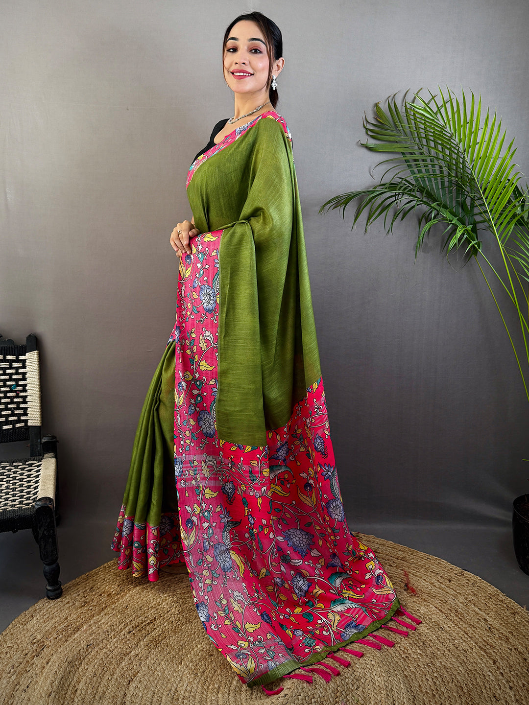 Olive Linen Kalamkari Print Saree by My Store