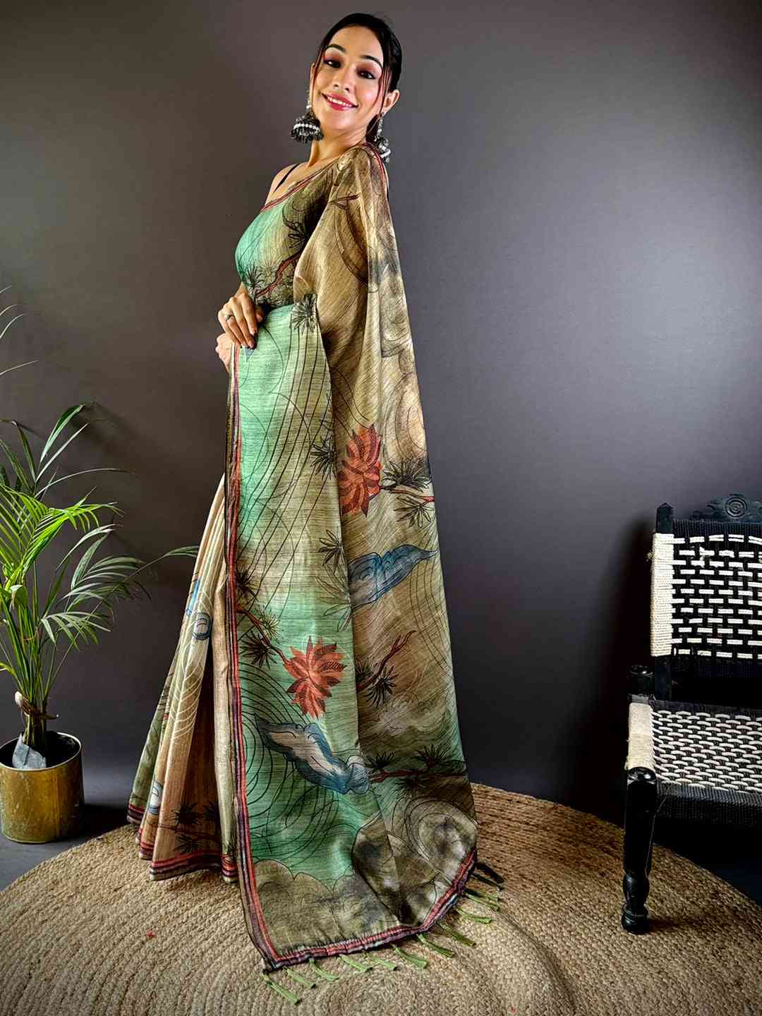 Green Tissue Chanderi Floral Abstract Saree by My Store