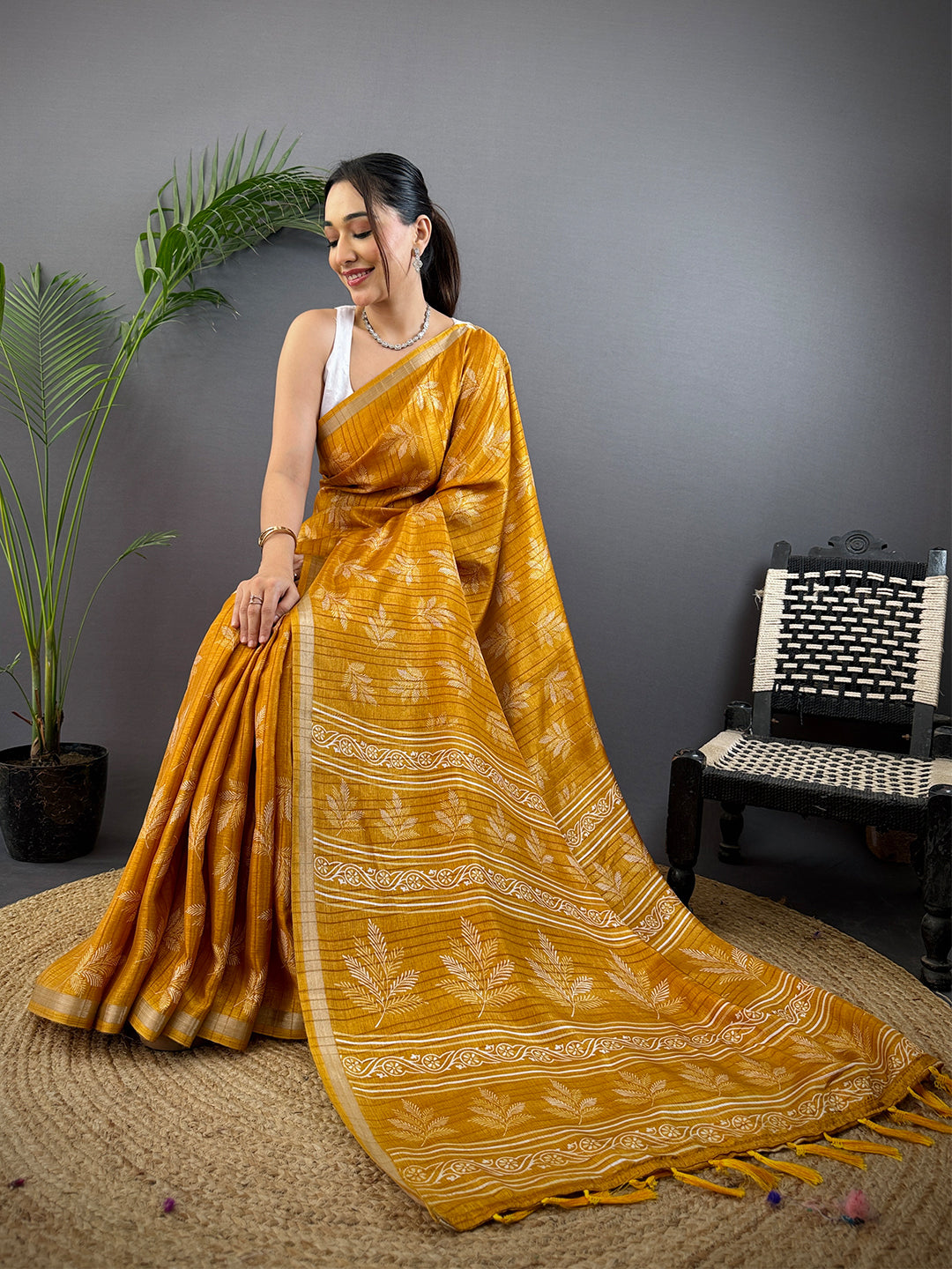 Mustard Leaf Print Ghicha Handloom Saree by My Store
