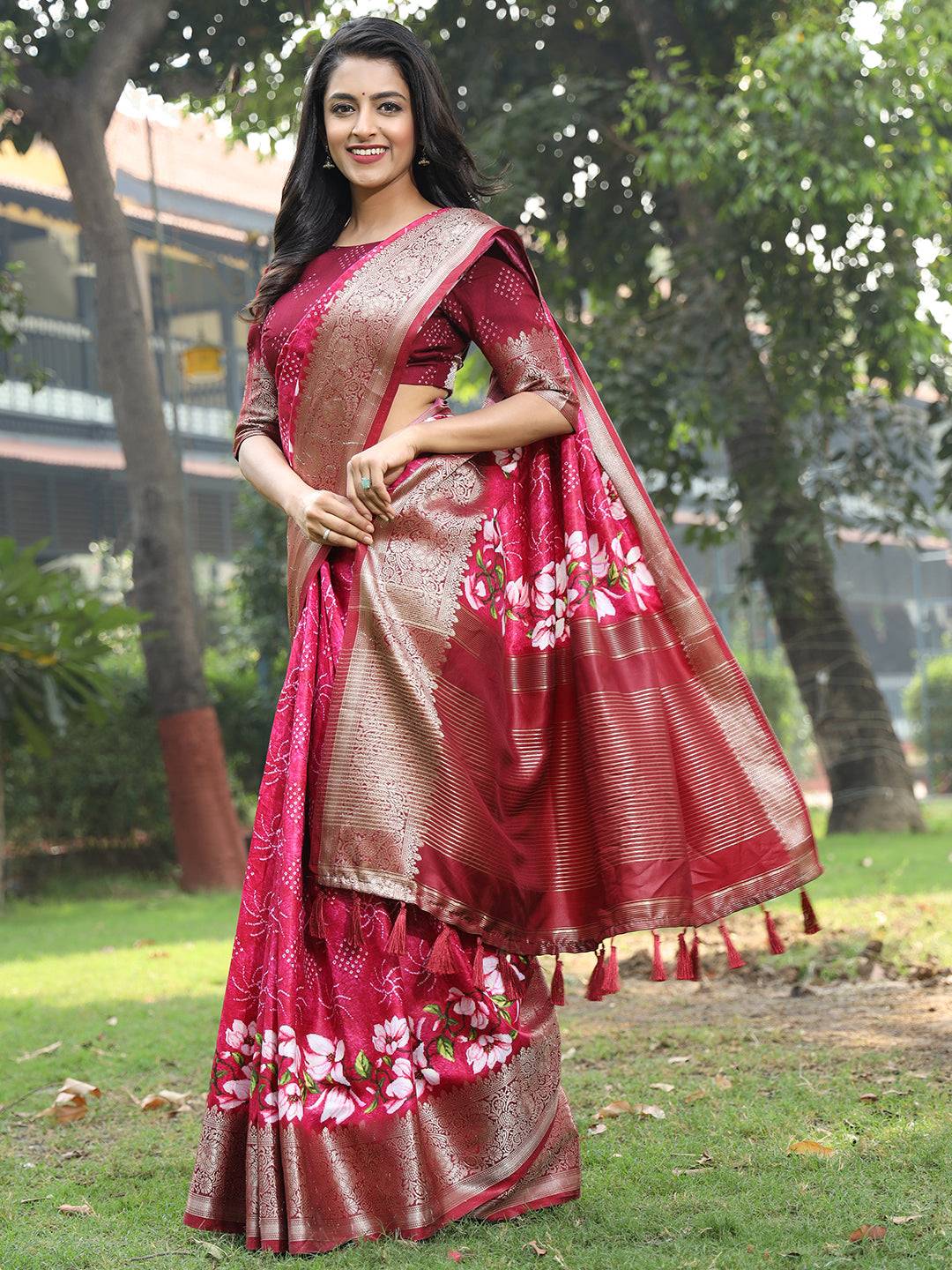 Pink Pure Viscose Dola Silk Saree With Floral Print Border - Luxe by My Store