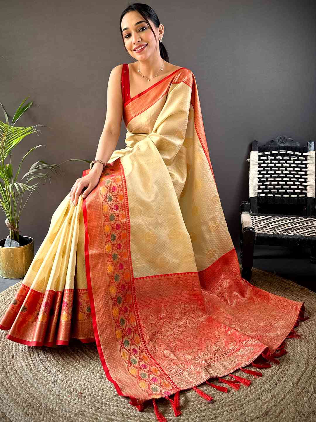 Cream Banarasi Silk Minakari Kanchi Border Saree by My Store
