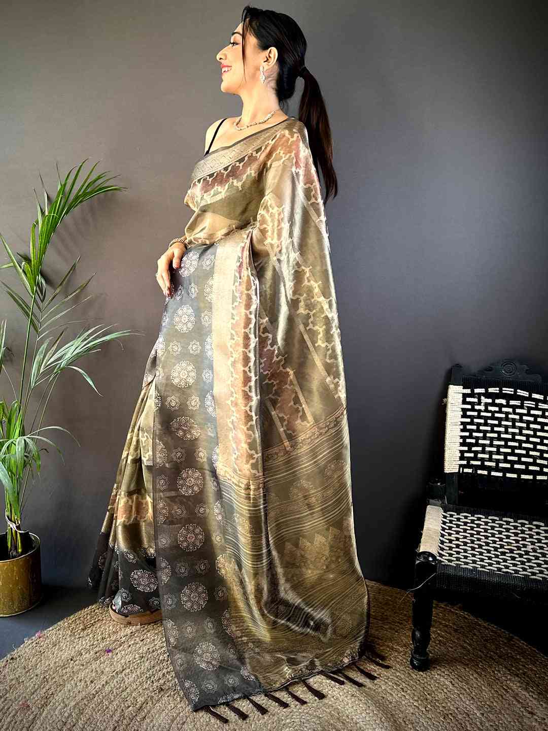 Light Brown Tissue Striped Digital Printed Saree by My Store