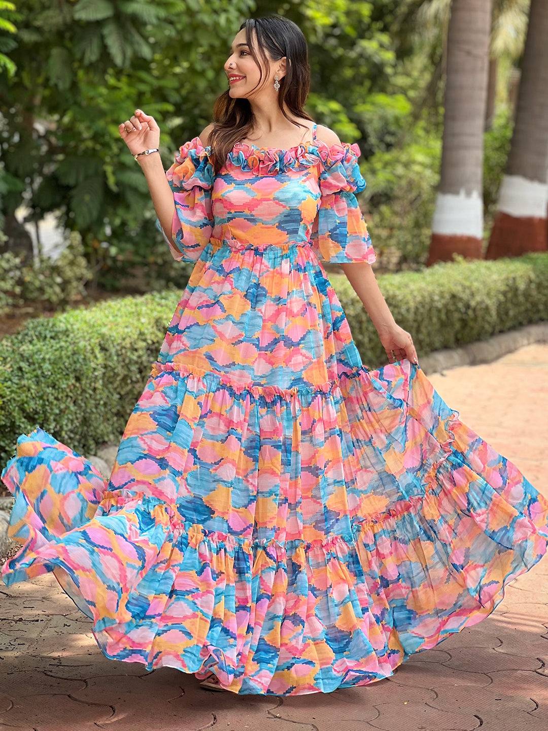 Versatile Print Frill Neck Dress