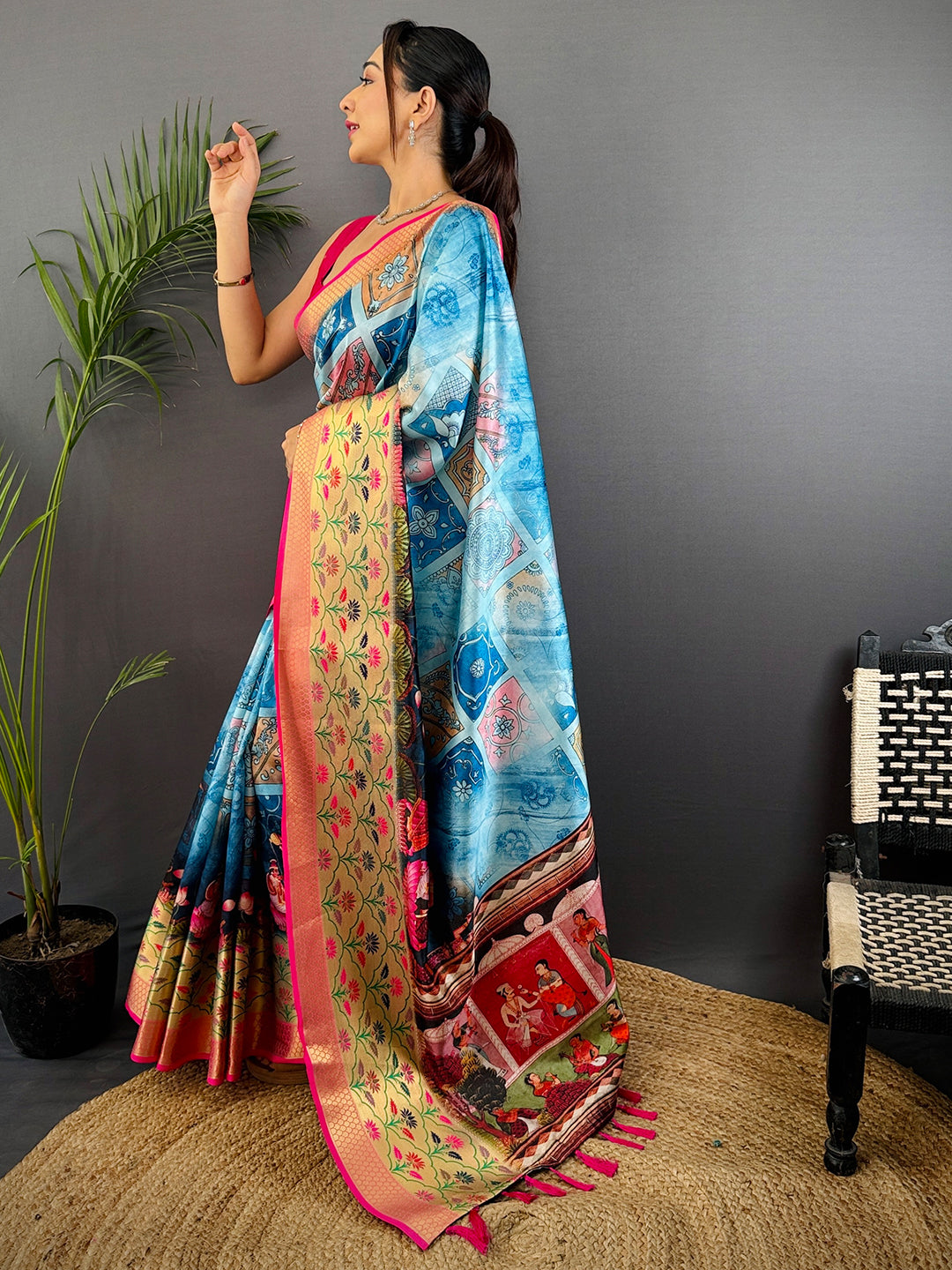 Sky Blue Freehand Digital Print Soft Silk Saree by My Store