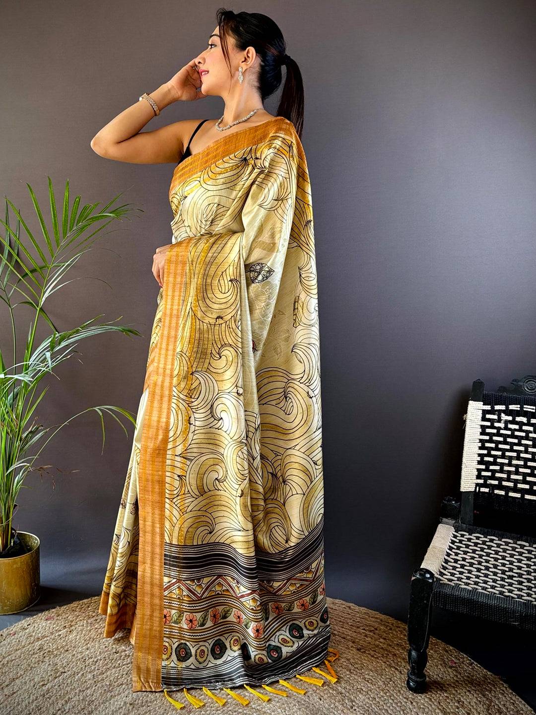 Olive Soft Silk Ocean Wave Patterns Saree by My Store