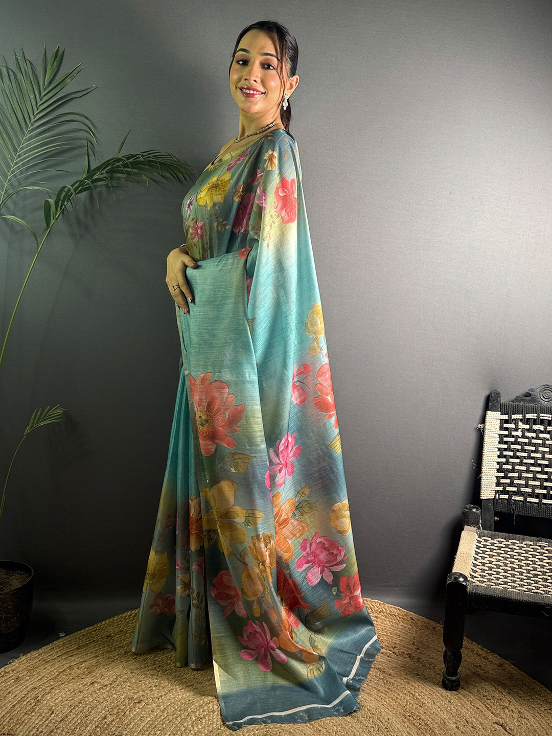 Teal Blue Linen Juth Digital Print Saree by My Store
